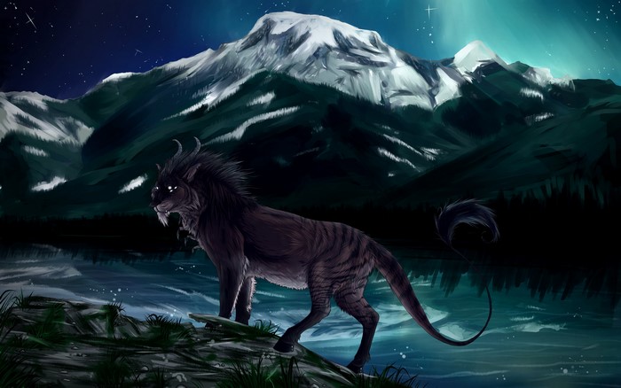 Magical creature by a lake with mountains at night