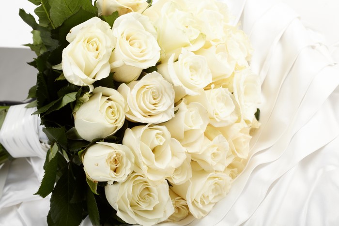 White Roses Bouquet with White Fabric