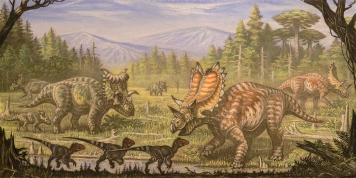 Utahceratops and Dromaesaurus in a prehistoric landscape