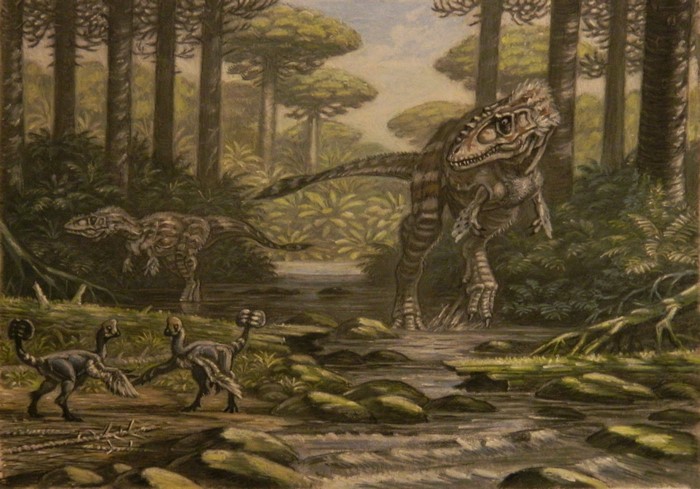 Alioramus and Nomingia dinosaurs in a prehistoric forest