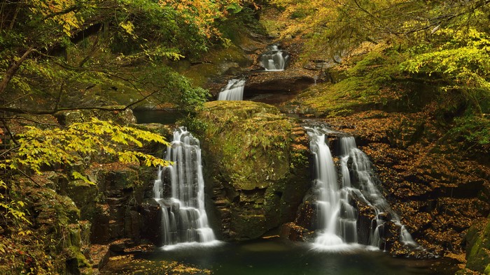 Autumn waterfalls with foliage and moss