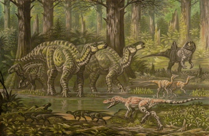 Painting of dinosaurs in a prehistoric forest