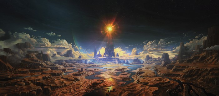 Fantastic world with a glowing sun over a canyon