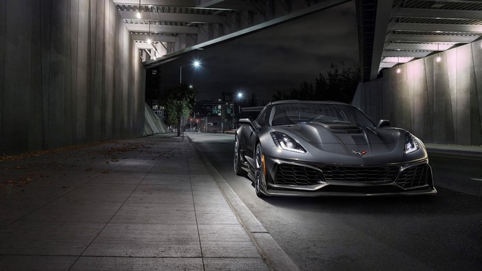 Grey 2019 Chevrolet Corvette ZR1 parked at night