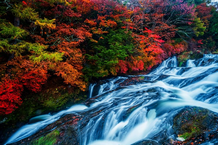 Waterfall in Autumn with Colorful Trees