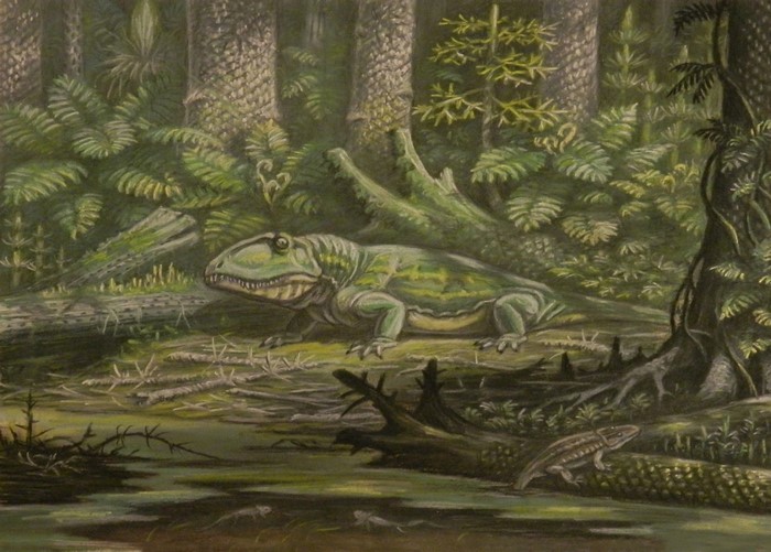 Ophiacodon in a prehistoric forest painting
