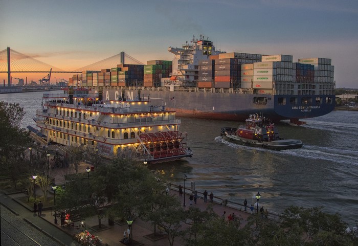 Container Ship and Riverboat in Savannah, Georgia at Dusk