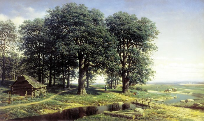 Mikhail Clodt's Oak Grove with a Log Cabin and River