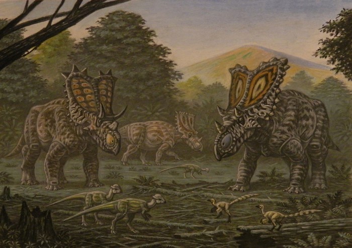 Dinosaurs in a prehistoric forest painting