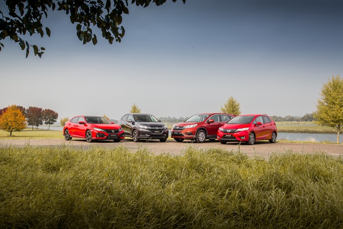 Four Honda cars: Fit, HR-V, Civic Hatchback, CR-V