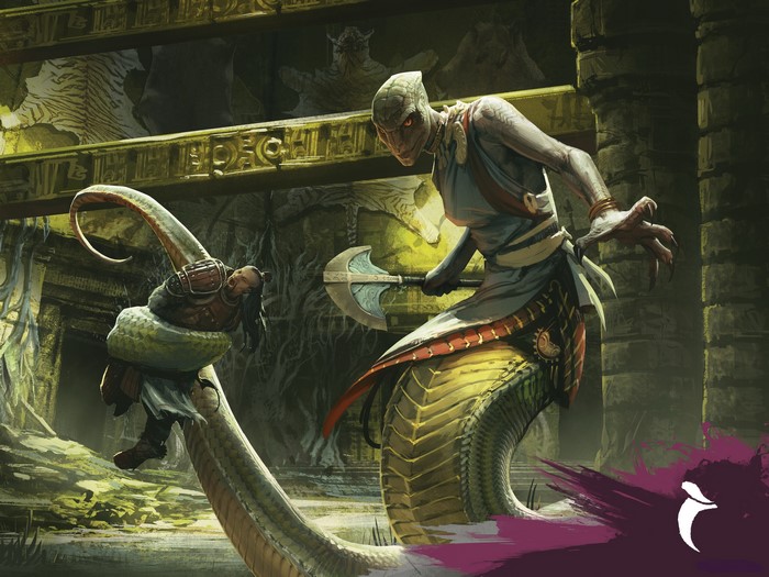 Naga Shaman fighting a warrior in Magic: The Gathering