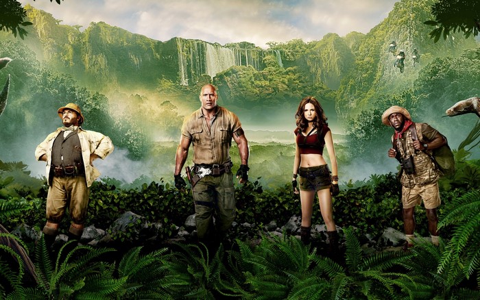 Jumanji: Welcome to the Jungle cast in jungle setting