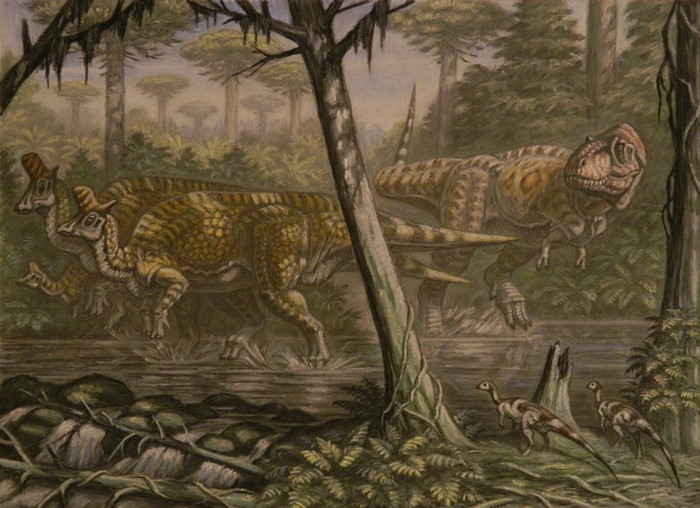 Lambeosaurus, Daspletosaurus, and Orodromeus dinosaurs in a prehistoric forest