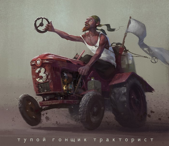Man driving a red tractor with a white flag