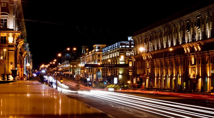 Night street in Minsk with light trails
