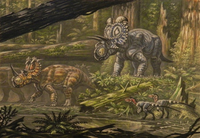 Coronosaurus and Albertaceratops dinosaurs in a forest