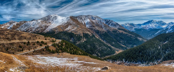 Snow-capped mountains and forests in Colorado, USA