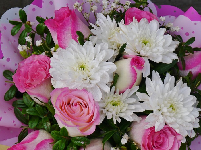 Pink Roses and White Chrysanthemums Bouquet