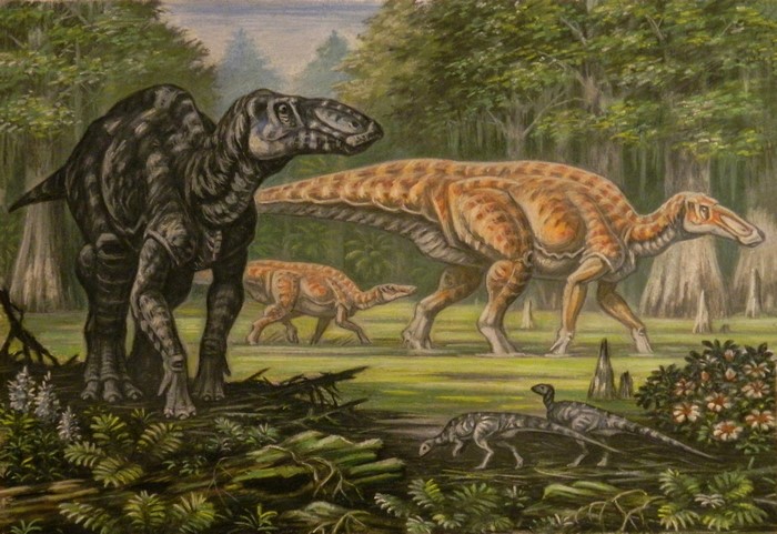 Edmontosaurus dinosaurs in a prehistoric swamp painting