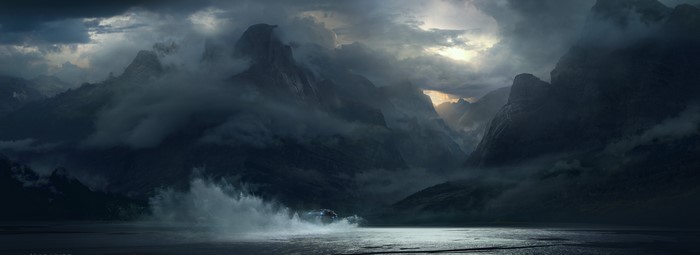 Alien: Covenant Starship on Water with Mountains