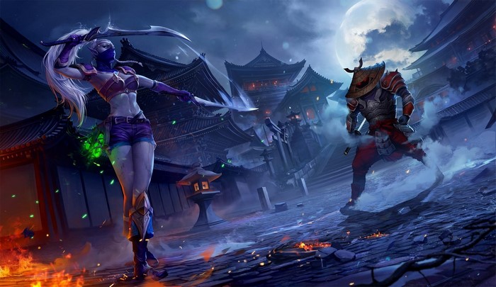 Elf ninja and samurai warrior in a Japanese village at night