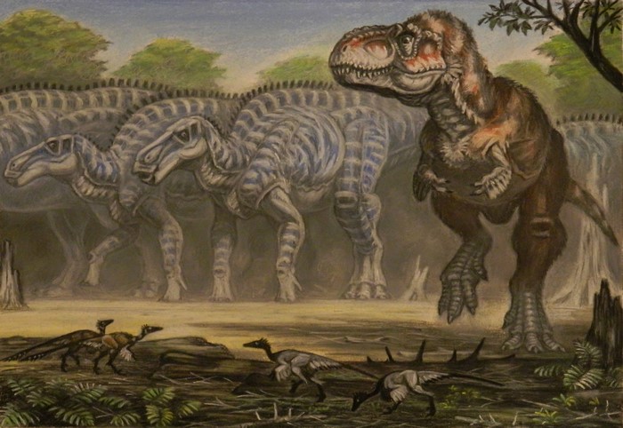 Tyrannosaurus Rex and Shantungosaurus dinosaurs painting