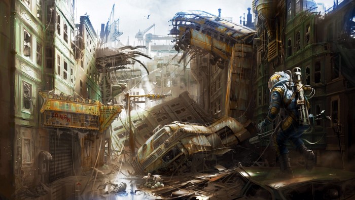 Man in hazmat suit in ruined city from Fallout 4