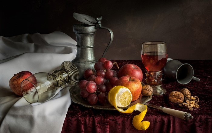 Still-life with fruit, nuts, and pewter pitcher