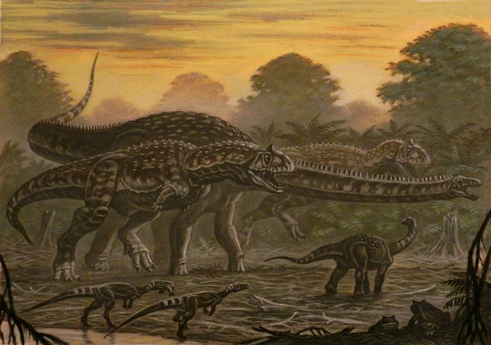 Majungasaurus, Masiakasaurus, and Rapetosaurus dinosaurs in prehistoric landscape