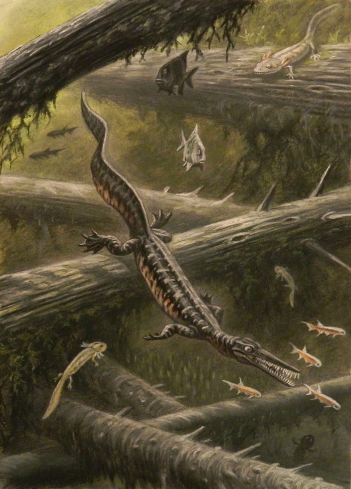 Ancient aquatic reptiles and fish in a prehistoric swamp