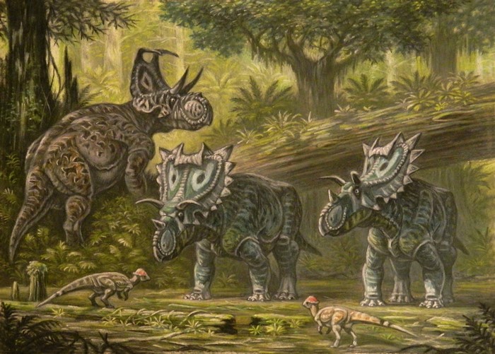 Painting of dinosaurs in a prehistoric forest