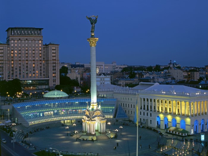 Independence Square Monument in Kyiv, Ukraine at Dusk