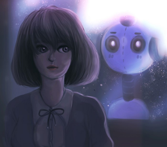 Girl and robot in a starry background