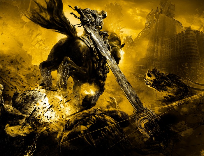 Undead Horseman with Sword in Ruined City
