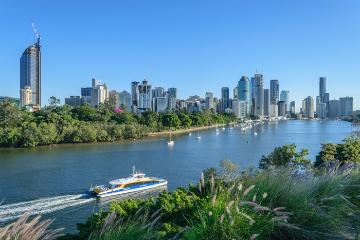 Brisbane Cityscape with River and Ferry