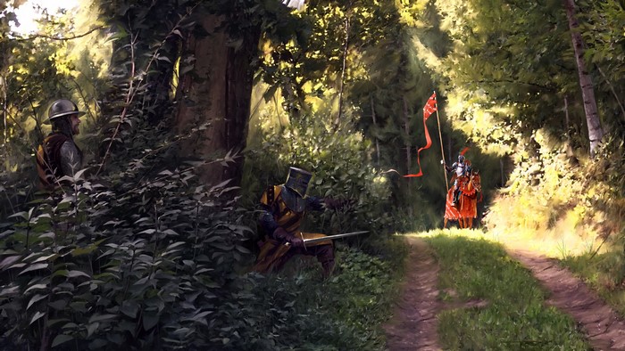 Knights with swords and horses on a forest trail