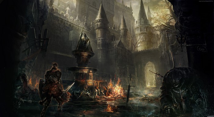Warriors and fallen soldiers in a dark castle courtyard