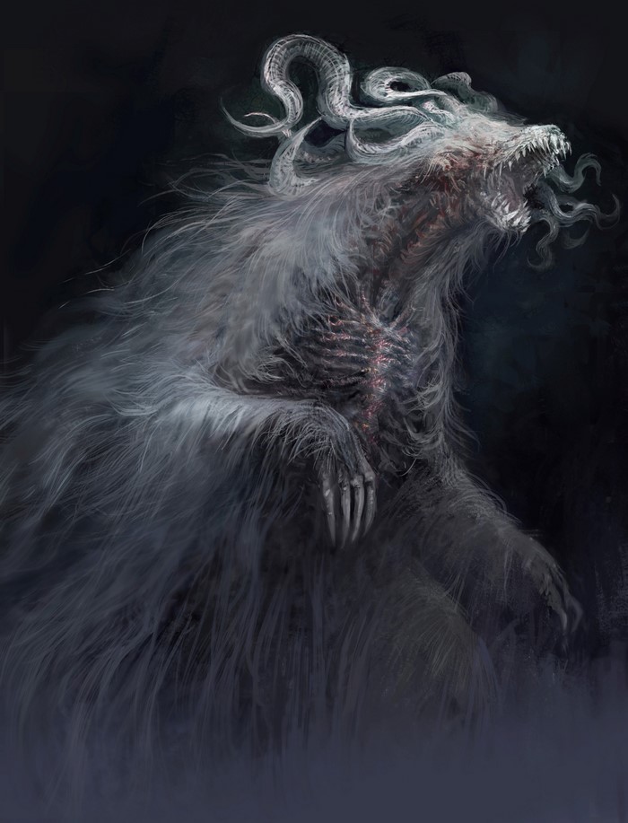 Monster roaring with snakes and fur from Dark Souls III