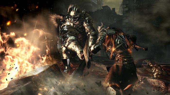 Warriors in armor fighting amidst fire in Dark Souls III