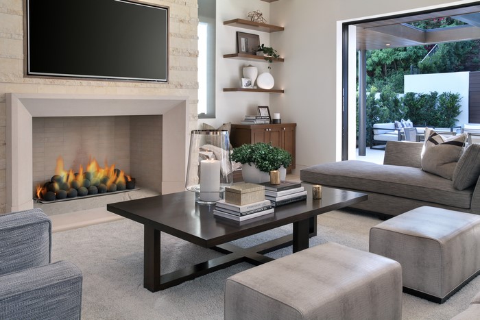 Living room with fireplace and outdoor view