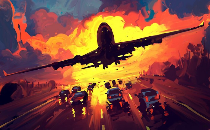 Airplane taking off over a highway at sunset