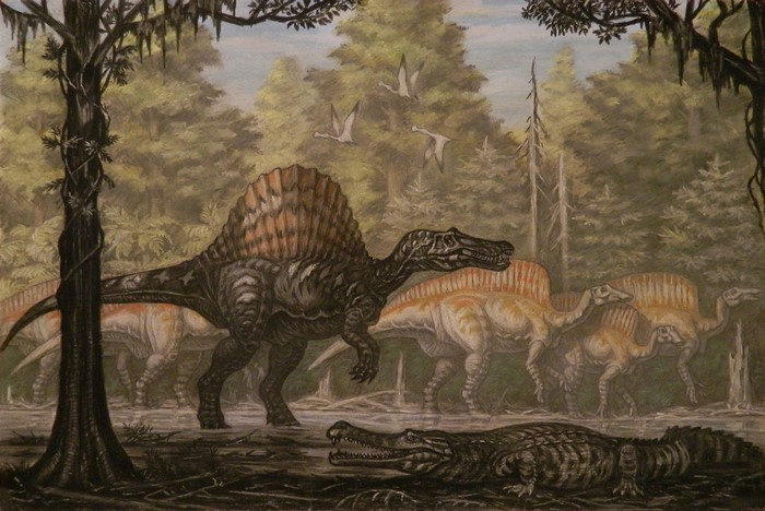 Spinosaurus and Ouranosaurus in a prehistoric forest