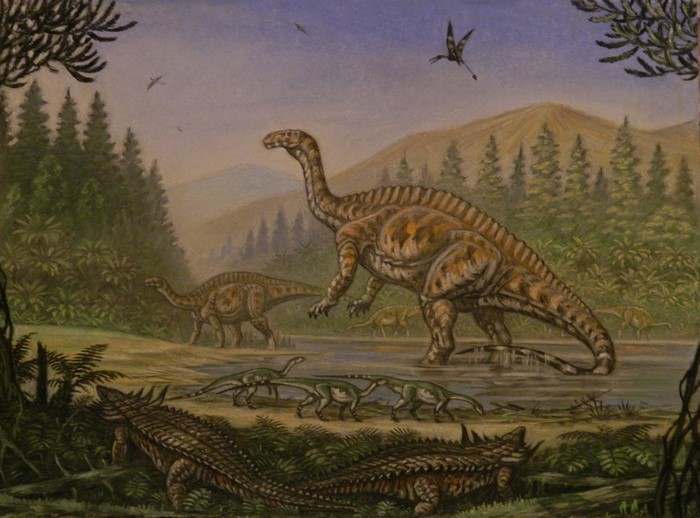 Dinosaurs and ancient animals in a prehistoric landscape painting
