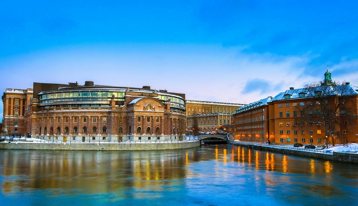 Riksdag Building and River in Stockholm, Sweden during Winter