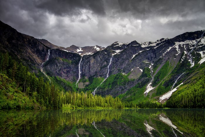 Avalanche Lake Glacier National Park Mountains Waterfalls Forest Reflection