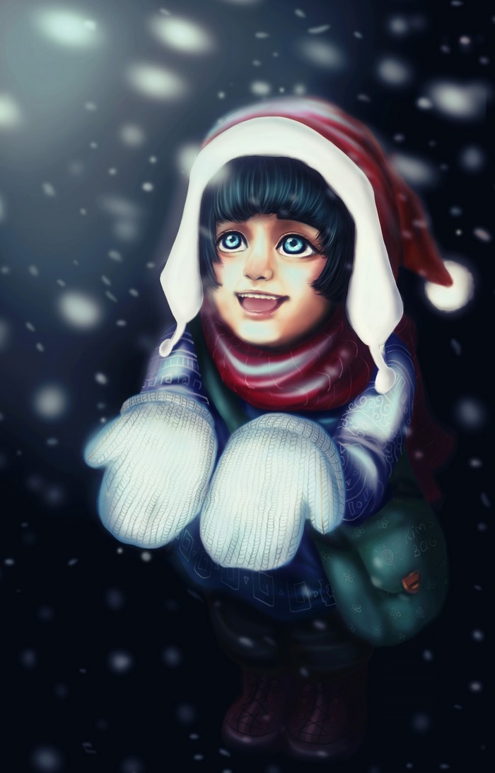 Girl in Santa hat and mittens in snow