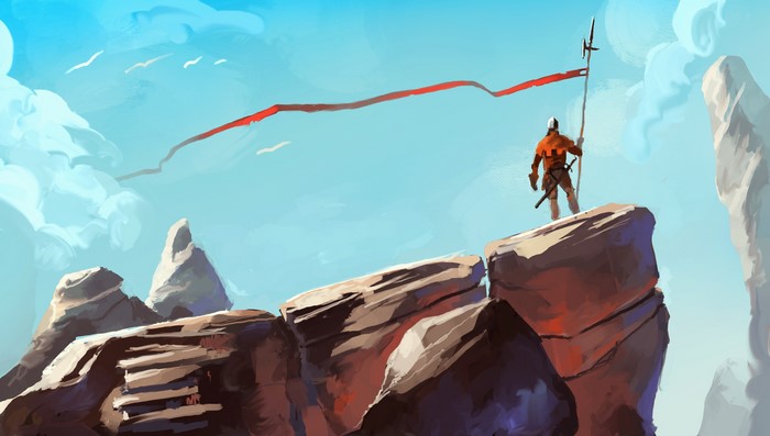 Warrior with Spear and Banner on Rocky Crag