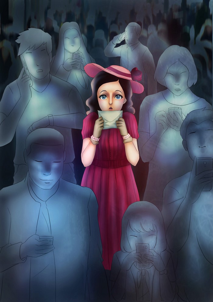 Girl in Pink Dress Holding Envelope Amidst People on Phones