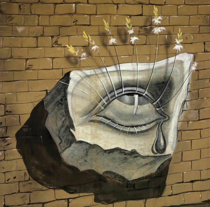 Surrealist painting of a crying eye with flowers