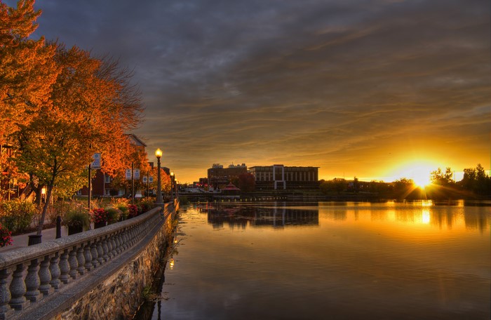Autumn sunset over a river in Sherbrooke, Quebec, Canada